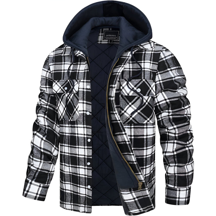 Moderne geruite herenjas met capuchon. Warme en comfortabele bovenkleding, perfect voor de winter en casual stijl.