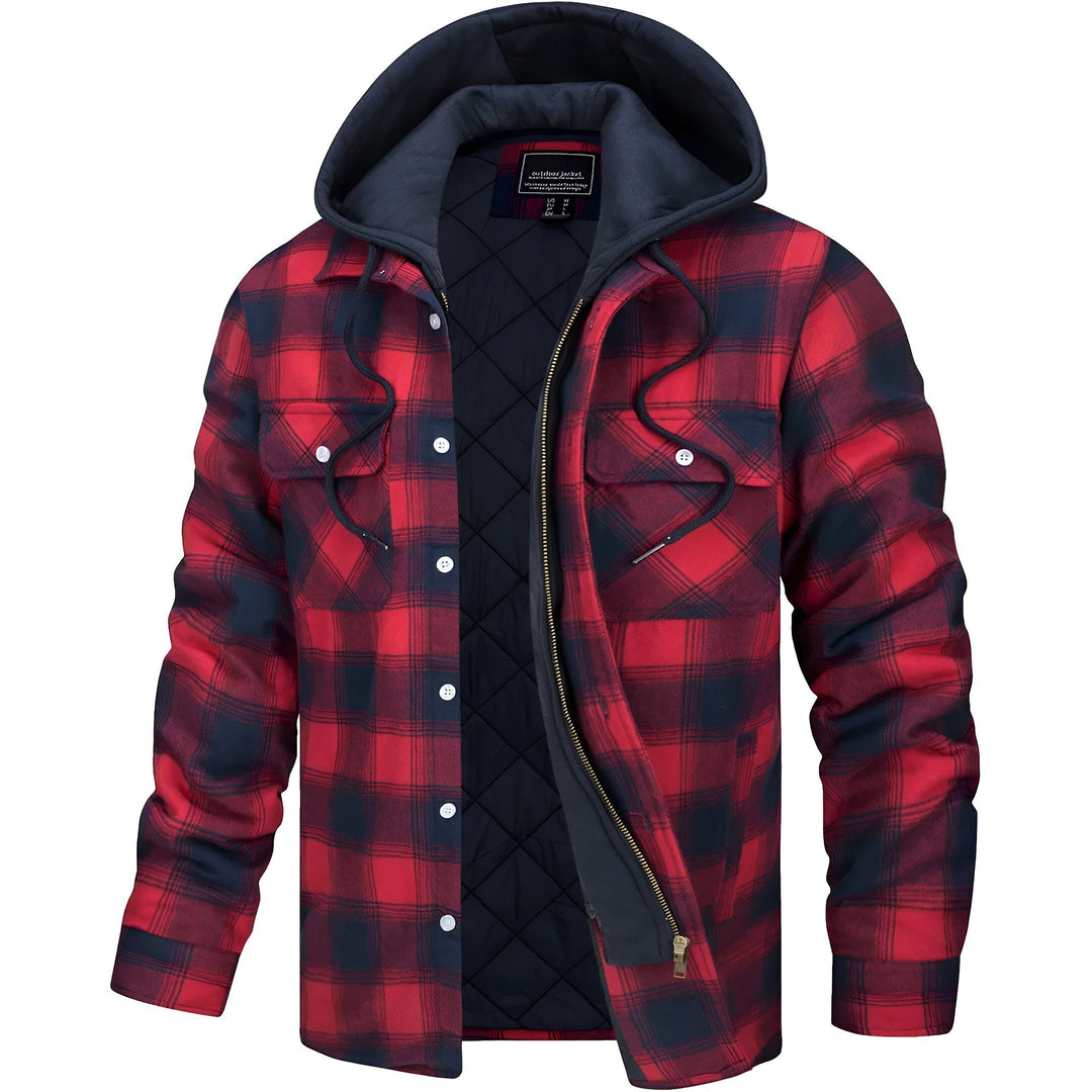 Heren geruite jas met capuchon. Een warme en stijlvolle winterjas, ideaal voor comfortabele outdoor avonturen.