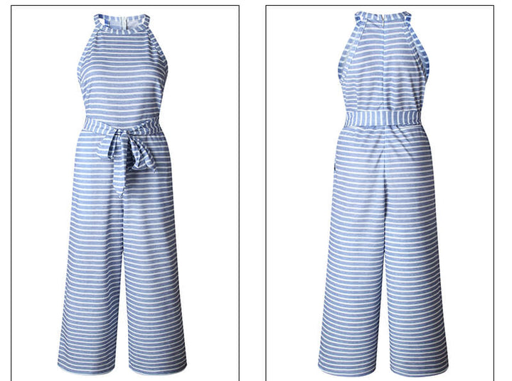 Zomerse dames jumpsuit Nayla met trendy streepdessin, wijde pijpen en verstelbare taille voor comfort.