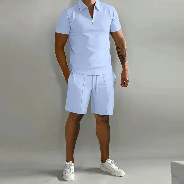Ademende heren short, onderdeel van tweedelige zomerset; comfortabel en stijlvol voor warme zomerdagen.