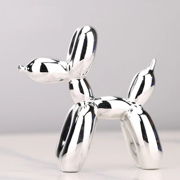 Ballonhond sculptuur, glanzend woondecoratie object. Design hond voor modern interieur.