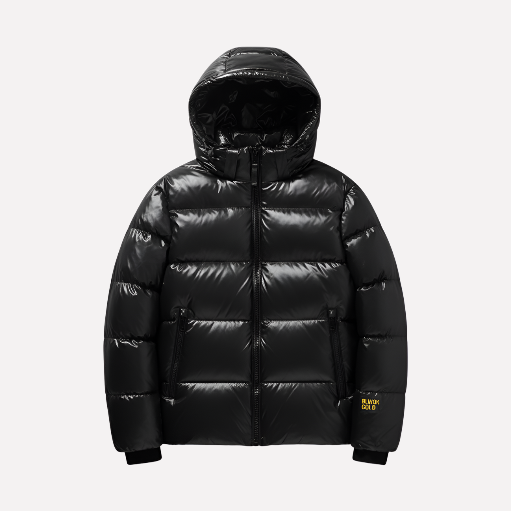 Glanzende zwarte gewatteerde herenjas met capuchon, ideaal als warme winterjas en casual bovenkleding.