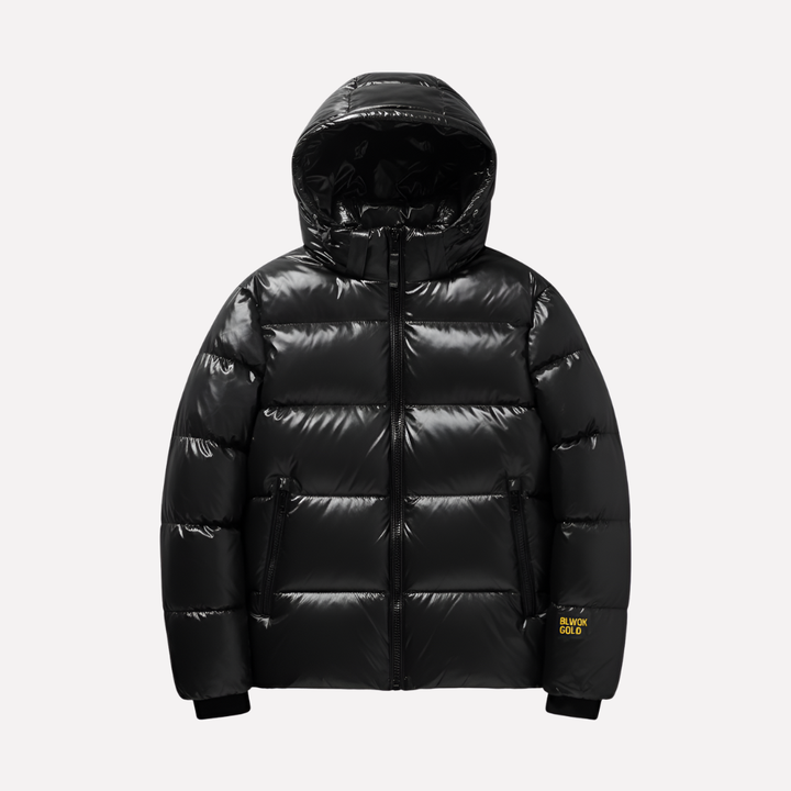 Glanzende zwarte gewatteerde herenjas met capuchon, ideaal als warme winterjas en casual bovenkleding.