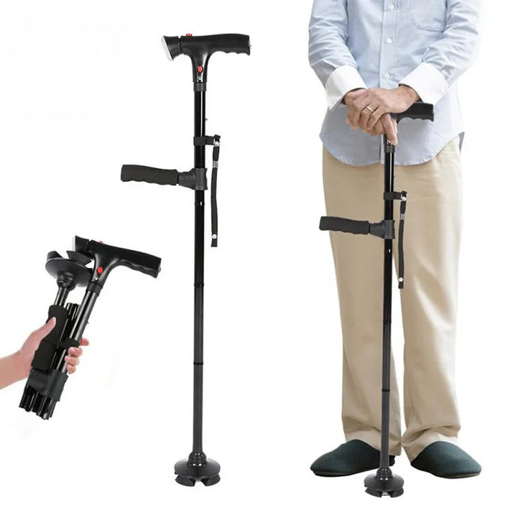 GlideStep stevige wandelstok met dubbel handvat en helder LED-licht voor extra veiligheid en mobiliteit.