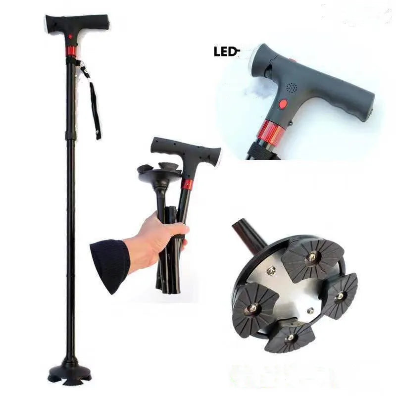 Veilige wandelstok met sterke aluminium constructie, dubbel handvat en LED-lampje voor stabiele ondersteuning.