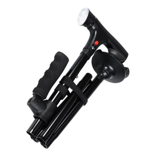 Opvouwbare GlideStep wandelstok met ingebouwd LED-licht en twee handgrepen, verbetert veiligheid en comfort.