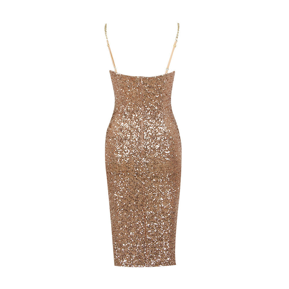 "Gouden glinsterende midi-jurk met ritssluiting, elegant en stijlvol, perfect voor chique avonden."