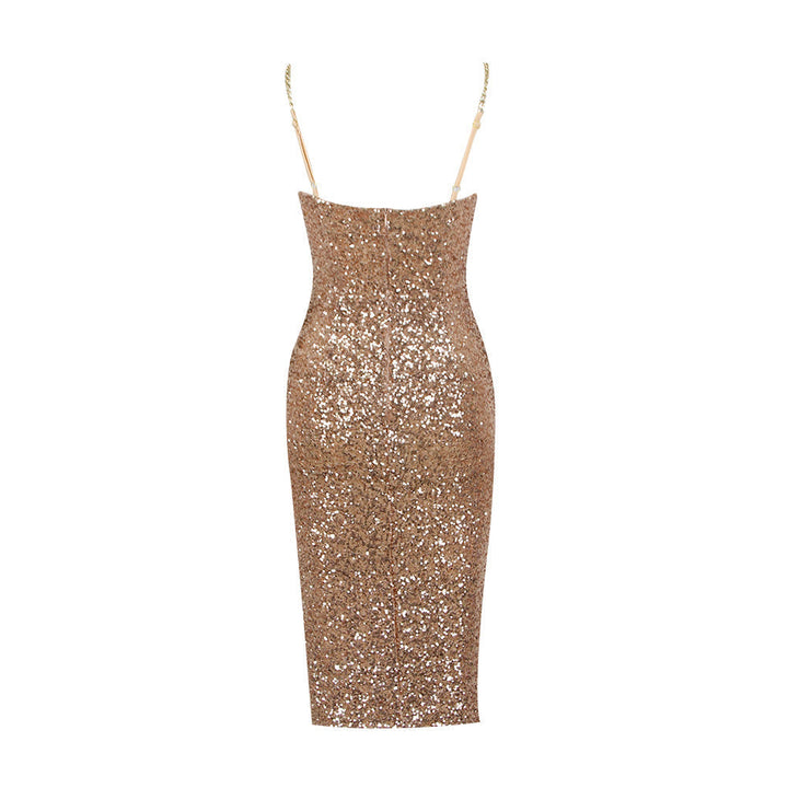 "Gouden glinsterende midi-jurk met ritssluiting, elegant en stijlvol, perfect voor chique avonden."