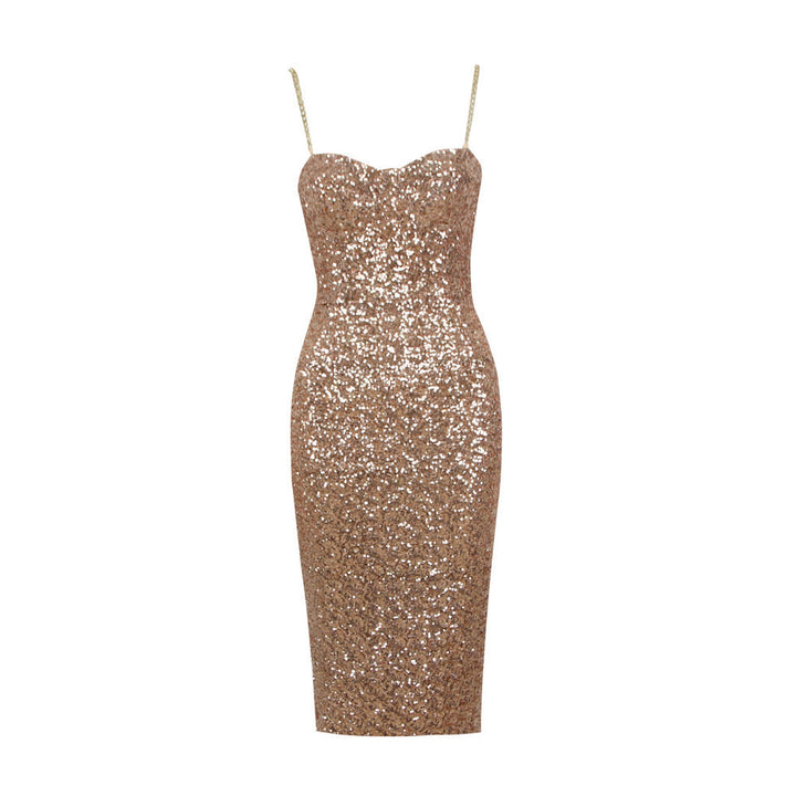 "Gouden glinsterende midi-jurk met ritssluiting, elegant en stijlvol, perfect voor chique avonden."
