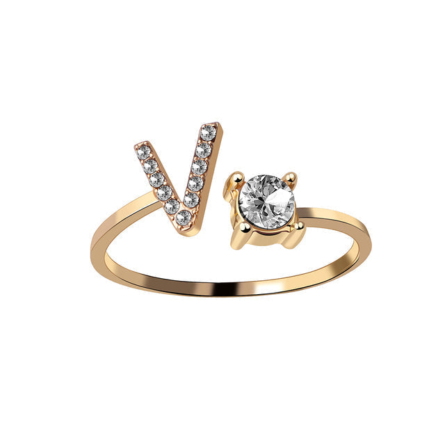 Dames initialenring in goud, RVS, verstelbaar, ideaal verjaardagscadeau.
