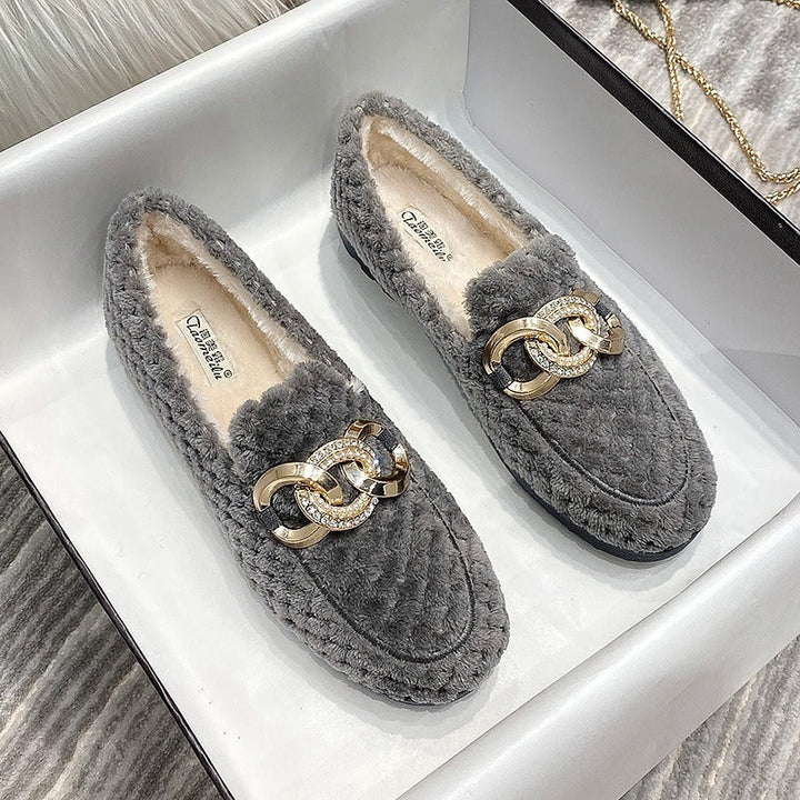 Grijze dames winter loafers met warme voering en gouden gesp detail