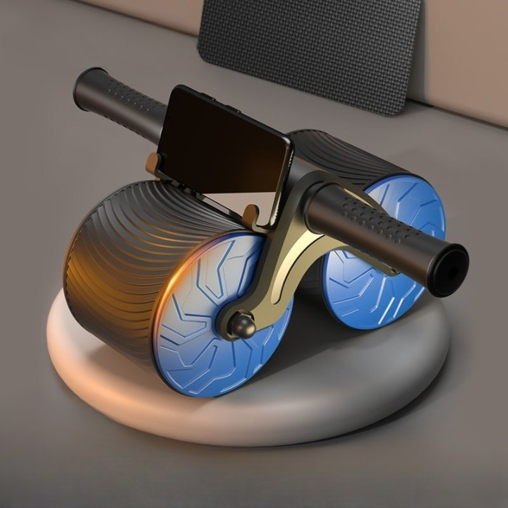 Duurzame grijs-blauwe buikspiertrainer met comfortabele handvatten en rebound voor veilige coretraining thuis.