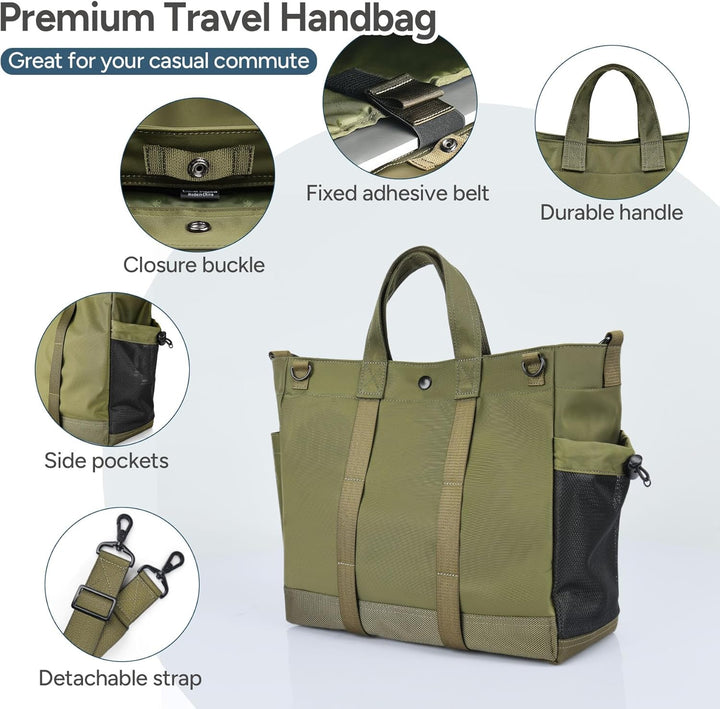 Compacte MetroCarry laptop tas, groen, met slimme indeling en verstelbare band voor dagelijks gebruik.