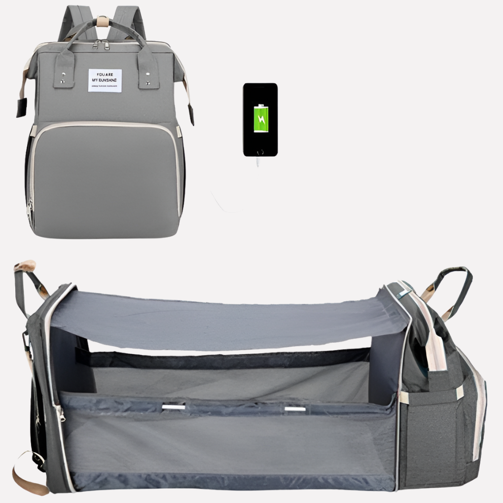 Grijze multifunctionele luiertas voor ouders, perfect georganiseerd op reis met baby. Inclusief verschoonmatje.