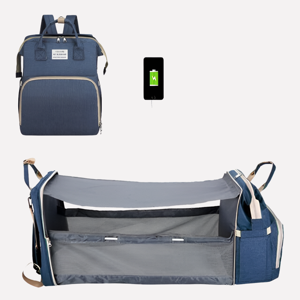 Blauwe praktische verzorgingstas met USB-poort en geïsoleerd vak voor babyflessen. Ideaal voor ouders onderweg.