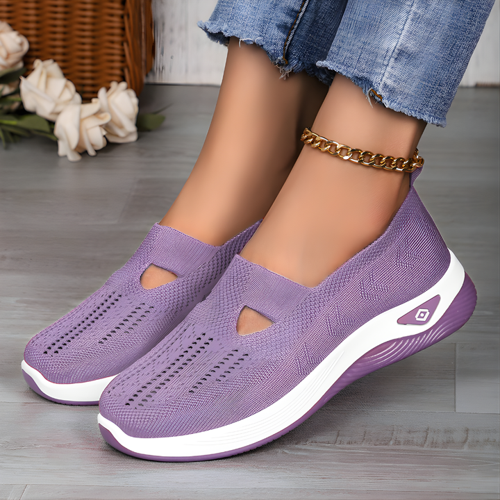 Modieuze paarse orthopedische comfortschoenen voor dames met antislipzool, perfect voor langdurig draagcomfort.