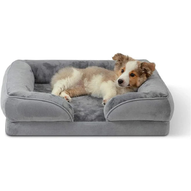 Grijze orthopedische hondenbank voor optimaal comfort. Ideaal hondenbed met gewrichtsondersteuning voor huisdieren.