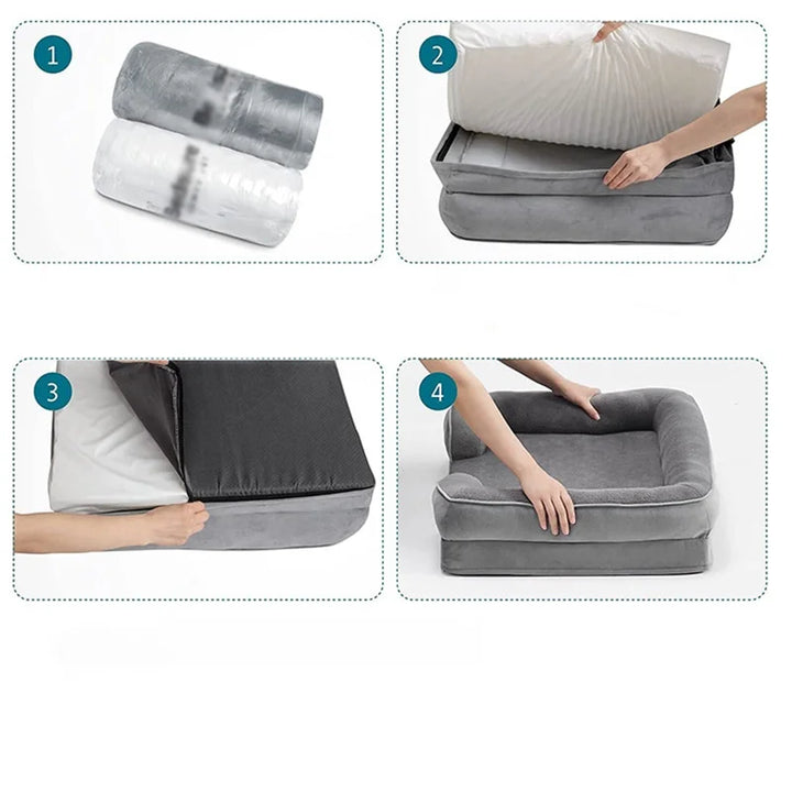 Comfortabel grijs orthopedisch dierenbed, perfect voor honden en katten. Biedt luxe ondersteuning voor gewrichten.