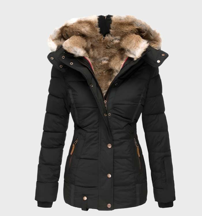 Groene Aurora slim fit dames winterjas met warme capuchon, waterafstotend en modieus design.