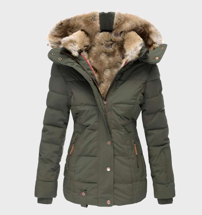Blauwe modieuze Aurora slim fit dames winterjas met capuchon, waterafstotend en comfortabel.