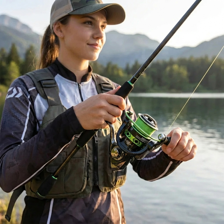 Opvouwbare spinning visreel, perfect voor snelle vangsten in zowel zoet- als zoutwateromgevingen.