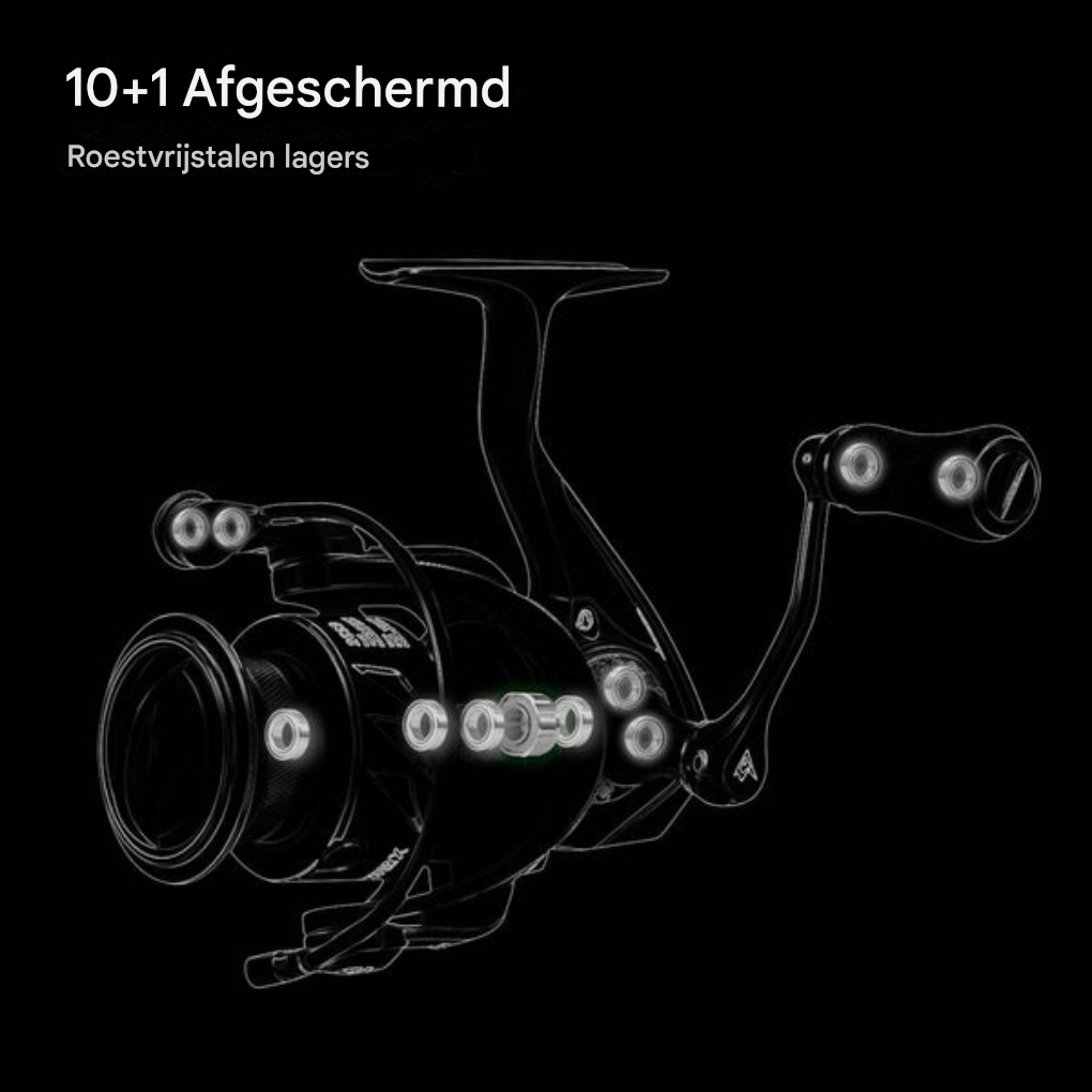 Groene spinning visreel met snel ophaalsysteem. Geschikt voor zoetwater, zoutwater en diverse visserijtechnieken.