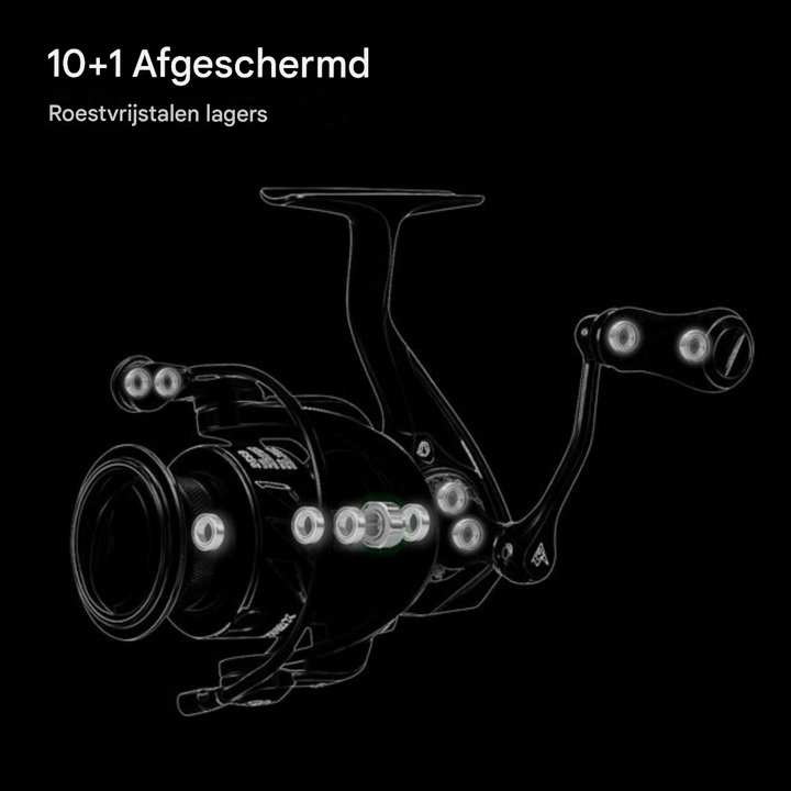 Groene spinning visreel met snel ophaalsysteem. Geschikt voor zoetwater, zoutwater en diverse visserijtechnieken.
