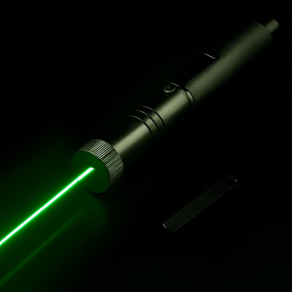 Compacte groene laserpointer met instelbare focus en breed bereik voor presentaties.