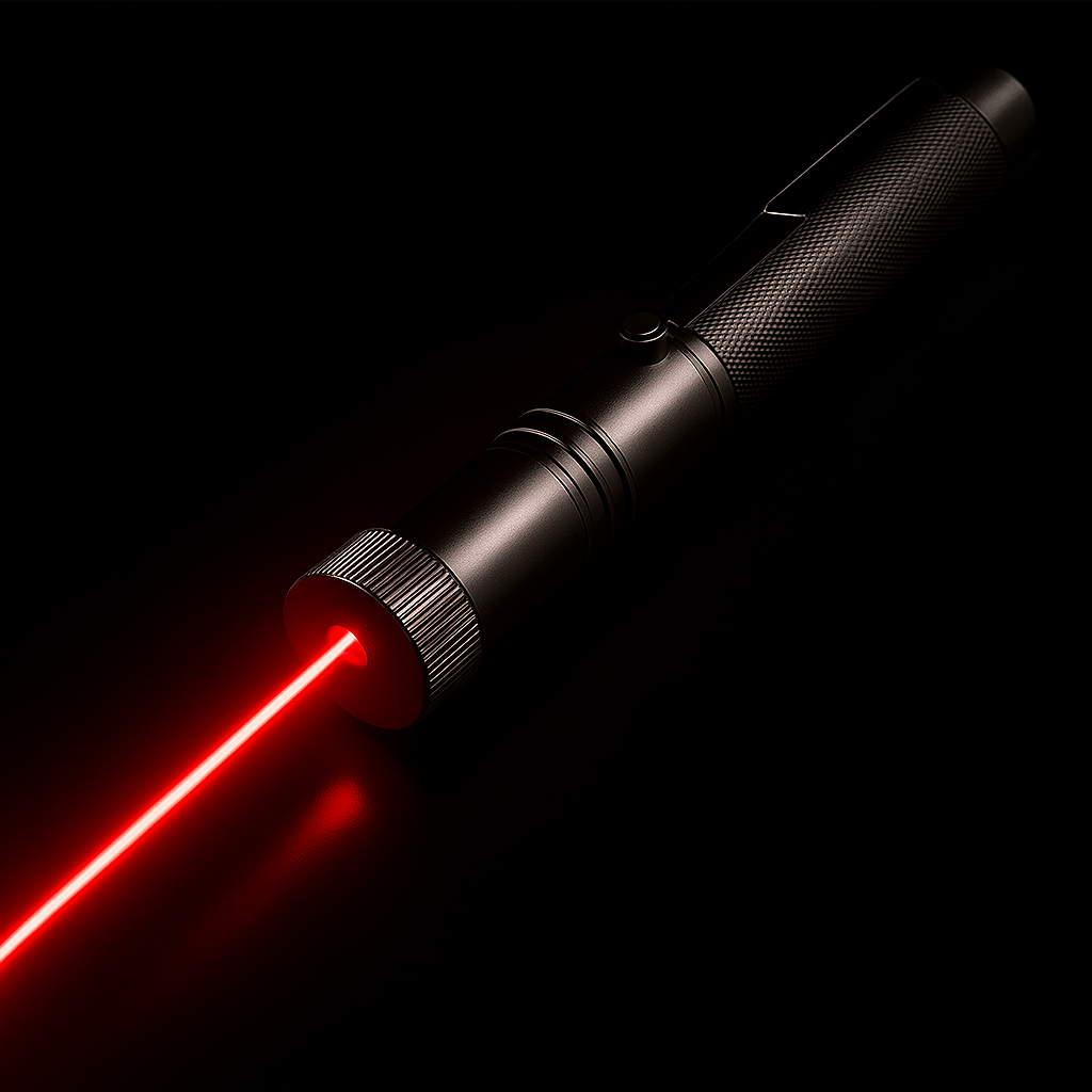 Robuuste metalen laserpointer, groen, met veiligheidsslot, geschikt voor outdoor gebruik.