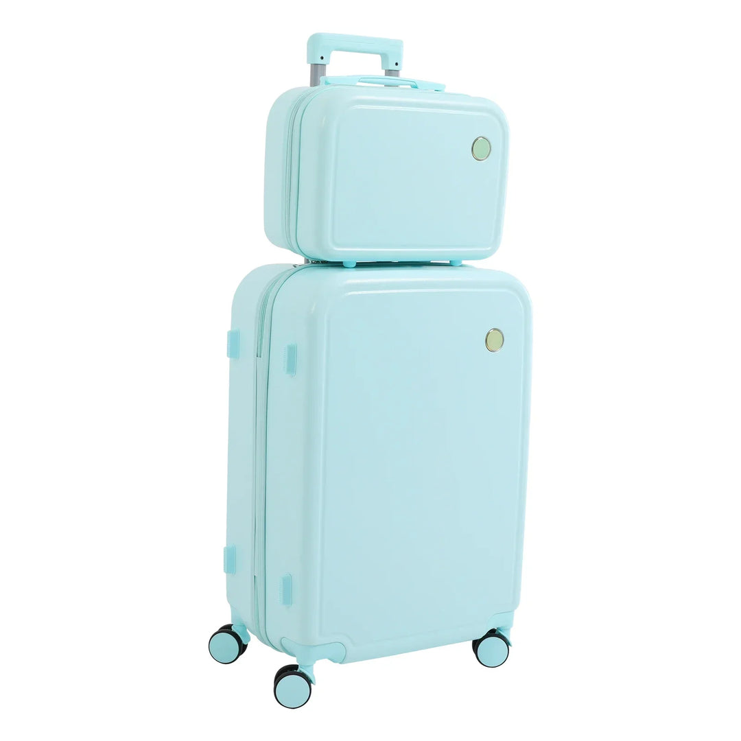 Praktische hardshell bagage set, groen en roze, inclusief cosmeticaset voor al je reisbenodigdheden.