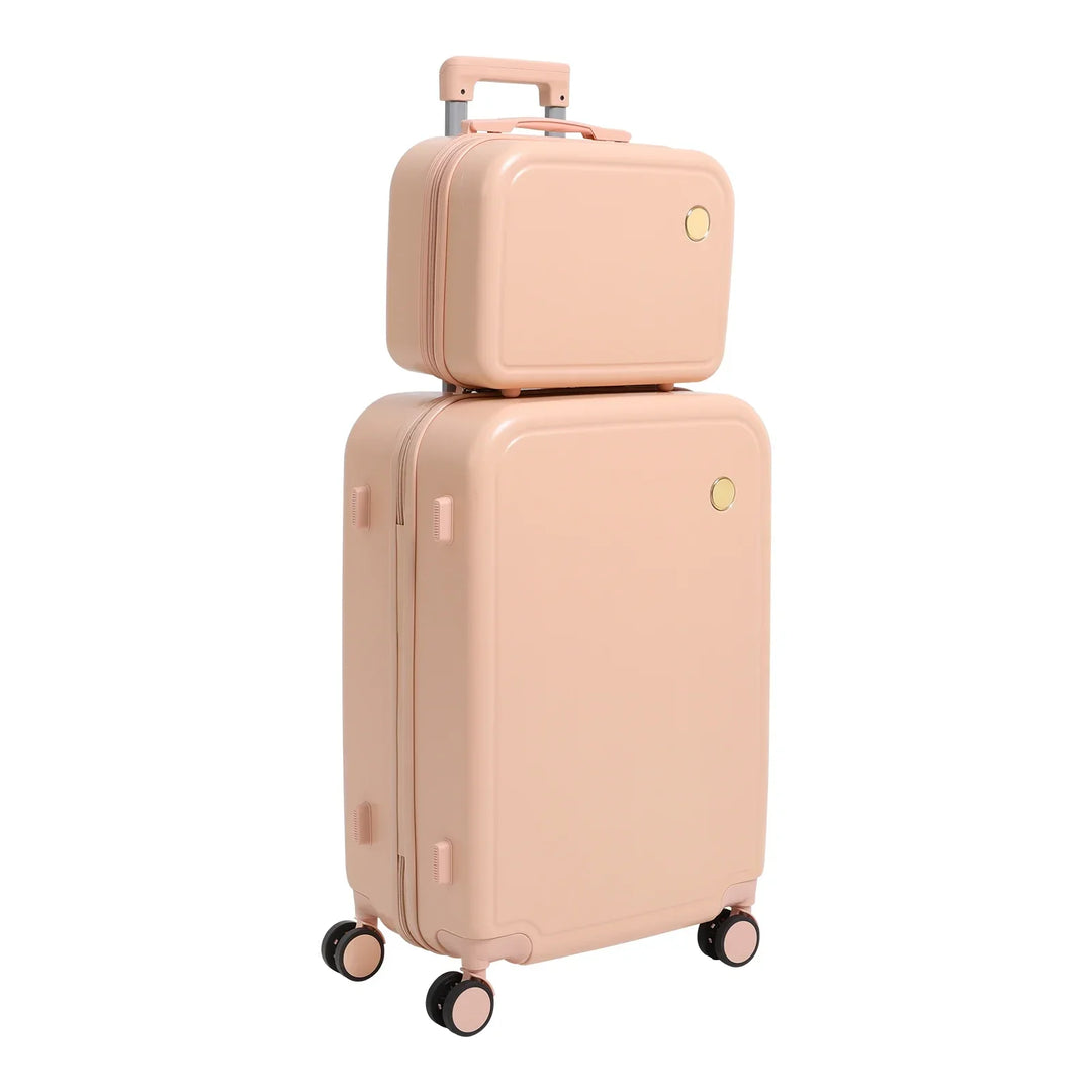 Complete reiskoffer set met cosmeticaset, hardshell design en cijferslot voor zorgeloze vakanties. Groen/roze.