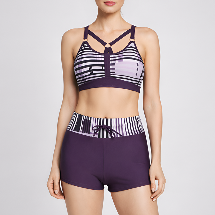 Dames curve bikini in groen en violet, stijlvolle en comfortabele zwemkleding voor zomerse dagen.