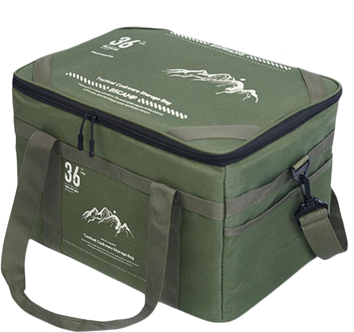 Groene Tarvos unisex 36L outdoor duffeltas voor camping en reizen, met stevige handvatten en details.