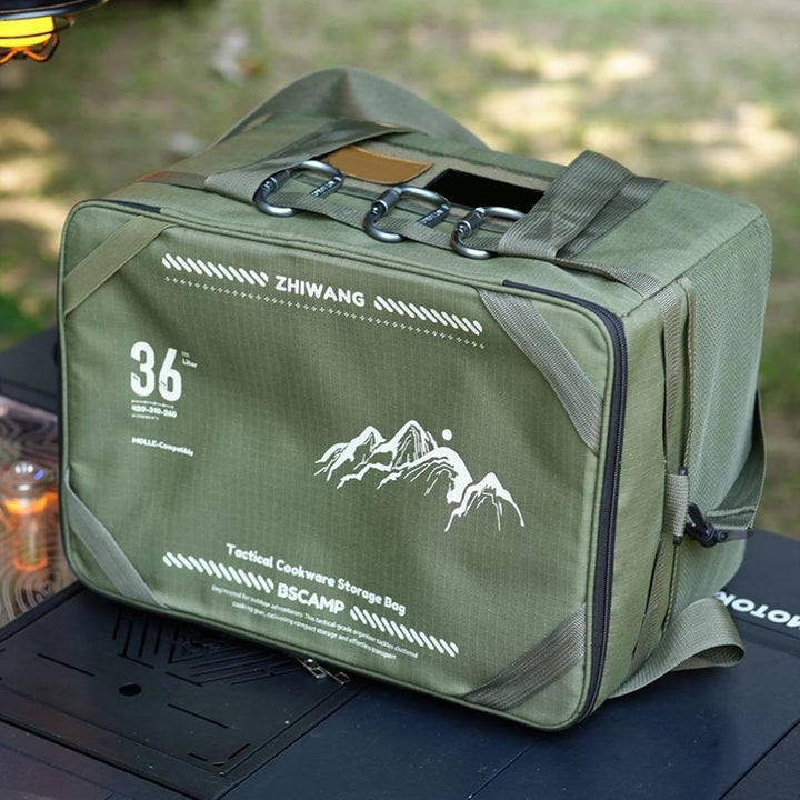 Georganiseerde 36L outdoor duffeltas met ruime compartimenten en ritsvakken voor al je camping- en reisbenodigdheden.