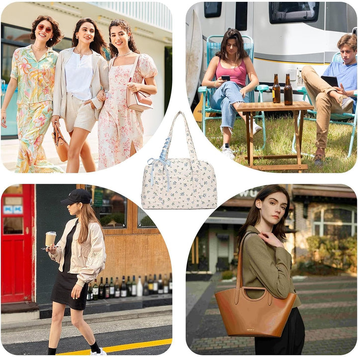 Zijaanzicht van de ruime canvas weekendtas voor dames, met elegant lintdesign.