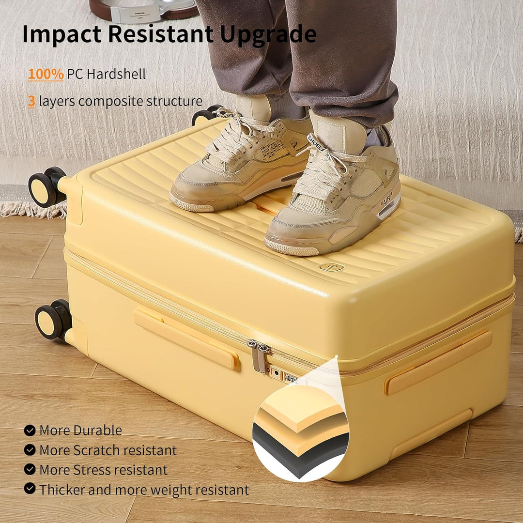 Grote unisex harde koffer, kaasgeel, met 8 spinnerwielen voor vakantie en zakenreizen.