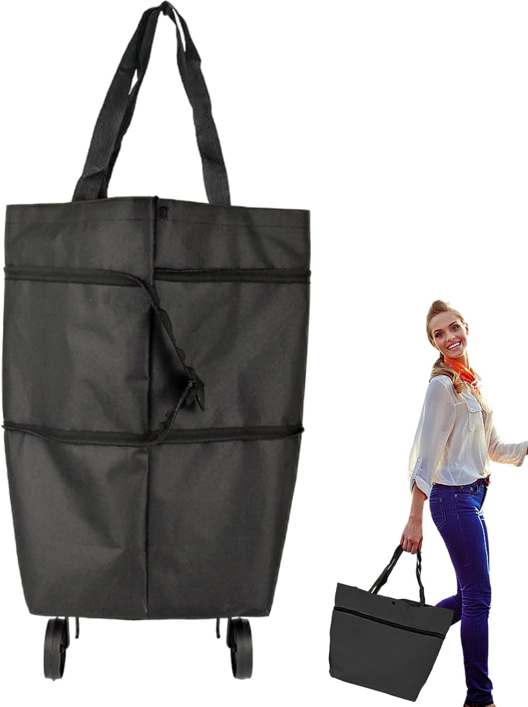 Flexibele opvouwbare tote met wielen, perfect voor spontane aankopen.