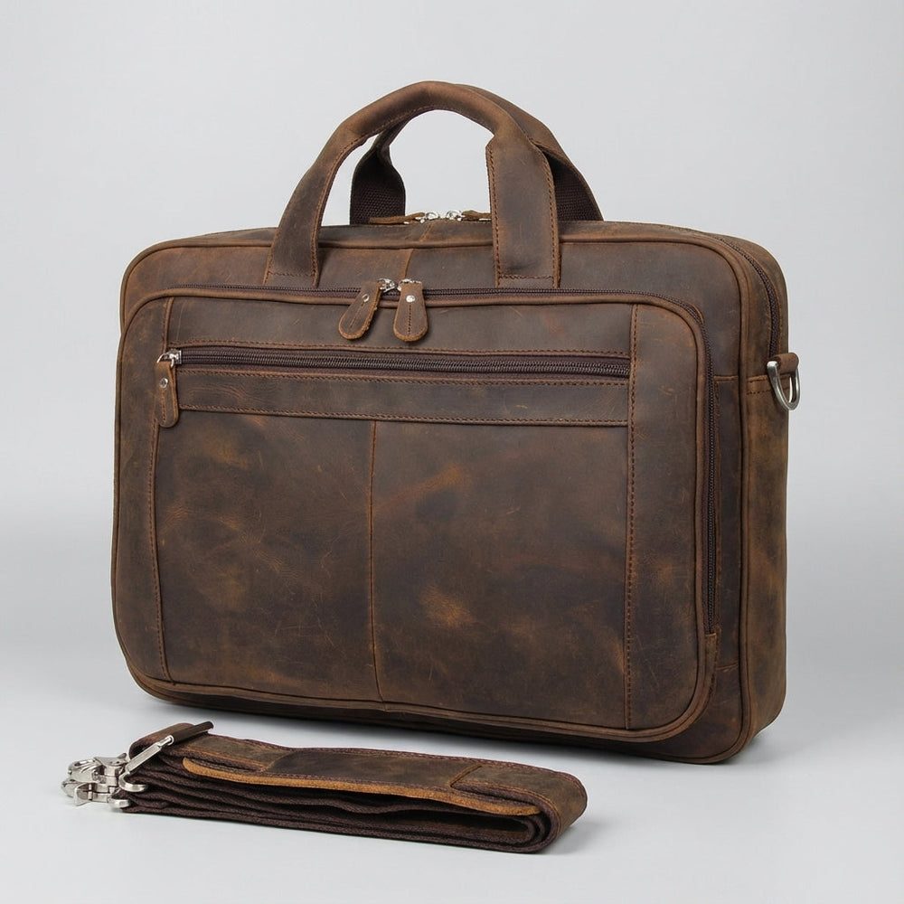 Unisex bruine leren zakelijke laptoptas. Ideale schoudertas/aktetas voor dagelijks gebruik of als reistas voor 17 inch laptop.