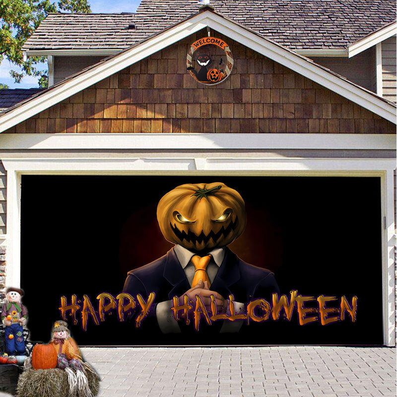 Buitendecoratie: polyester Halloween garagedeurbanner met grafstenen en mist effect.