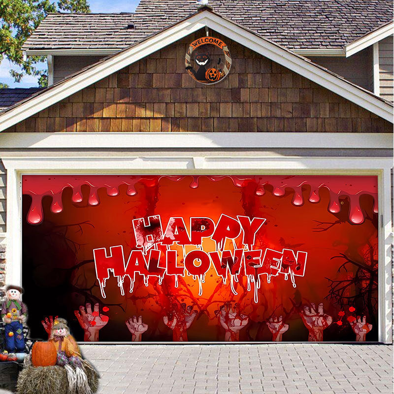 Halloween feestdecoratie: garagedeurdoek met een enge clown of monster design.