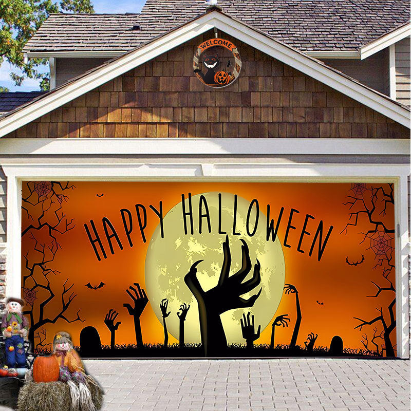 Realistische Halloween garagedeurdecoratie, met 3D-effect voor een extra griezelige beleving.