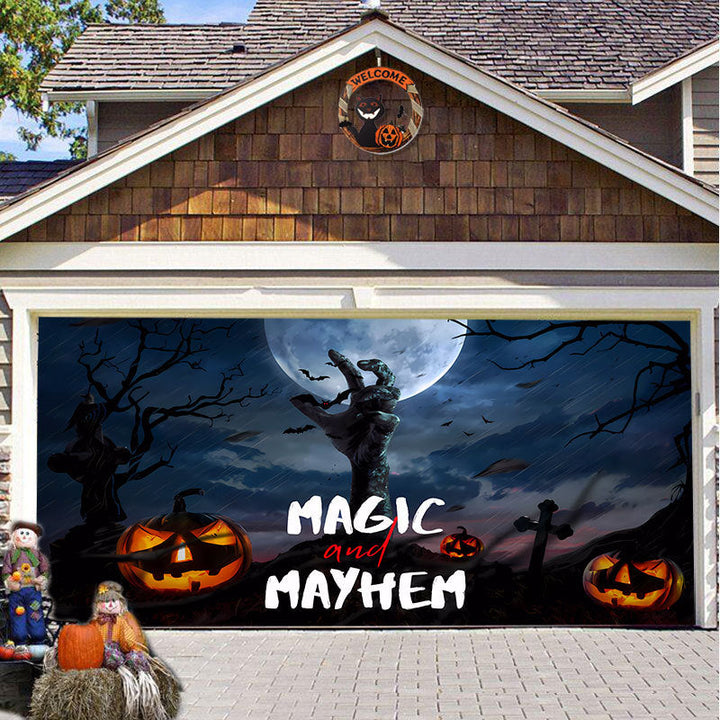 Duurzame polyester garagedeurdecoratie voor Halloween, bestand tegen weer en wind.