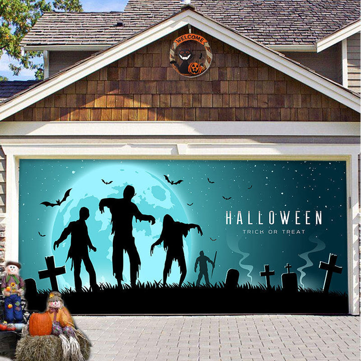 Polyester Halloween garagedeurdecoratie met spinnen en webben voor een enge feestlook.