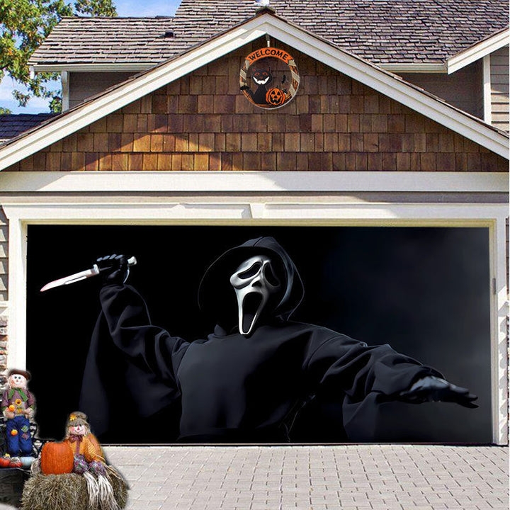 Halloween garagedeurdoek met vliegende vleermuizen en een spookhuis op de achtergrond.