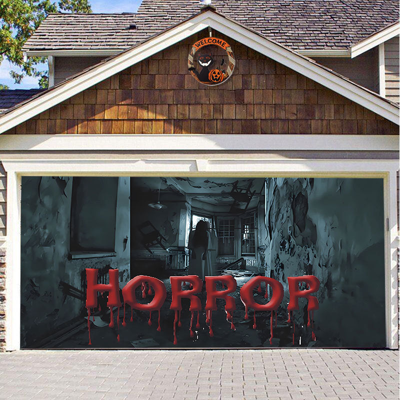 Herbruikbare polyester garagedeurdecoratie voor Halloween, met een mummie of weerwolf thema.