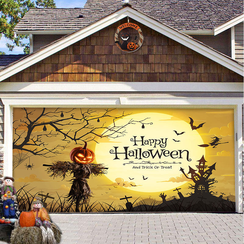 Herbruikbare garagedeurdecoratie voor Halloween, van duurzaam polyester, met duistere afbeeldingen.