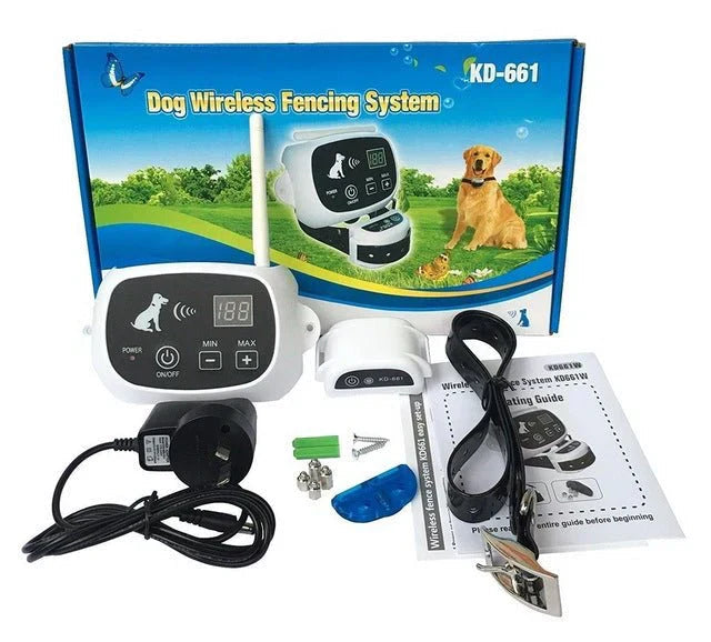 Overzicht HaloGuard draadloos hondenomheining: zender, ontvangerhalsband & oplader voor hondentraining.