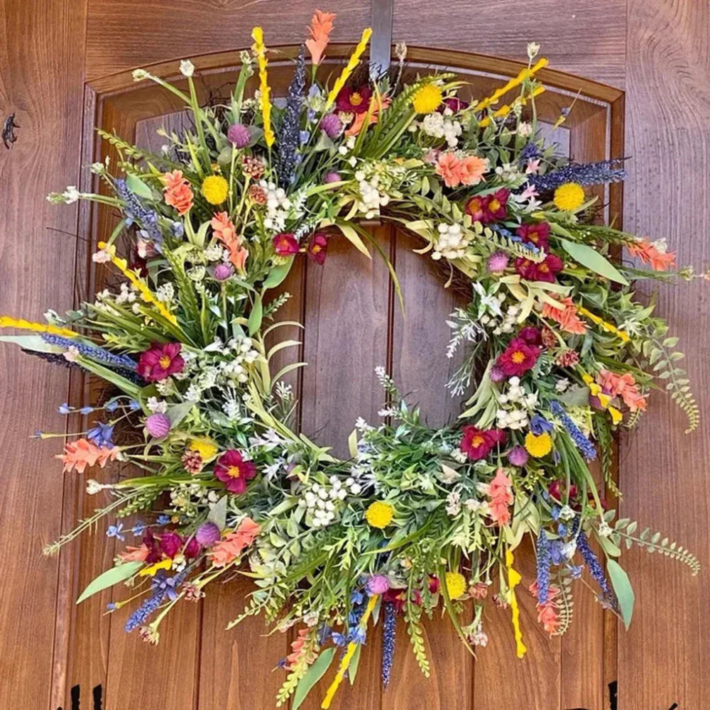 Kleurrijke voorjaarskrans met kunstbloemen, handgemaakt. Ideaal als lente of seizoenloze bloemenkrans voor je deur.