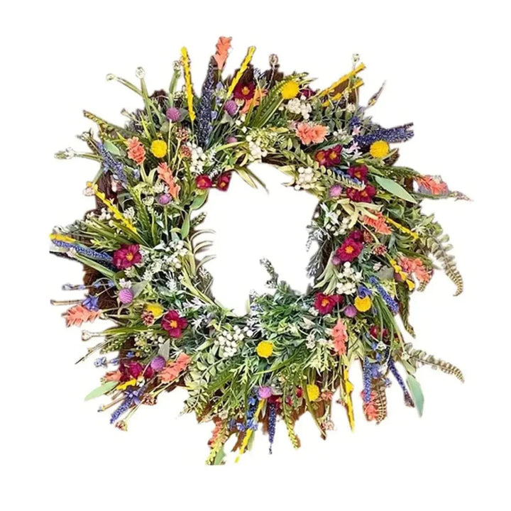 Veelzijdige, handgemaakte deurkrans voor alle seizoenen. Een seizoenloze bloemenkrans als sfeervolle muurdecoratie.