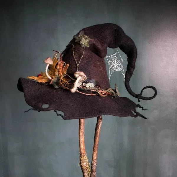 Unieke vilten HexaHoed heksenhoed voor dames en heren, handgemaakt van merinowol. Perfect feestaccessoire.